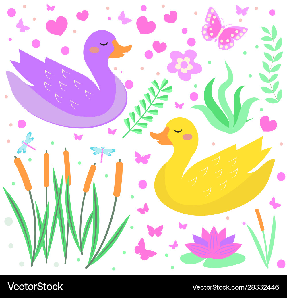 Cute duck set objects collection design elements Vector Image