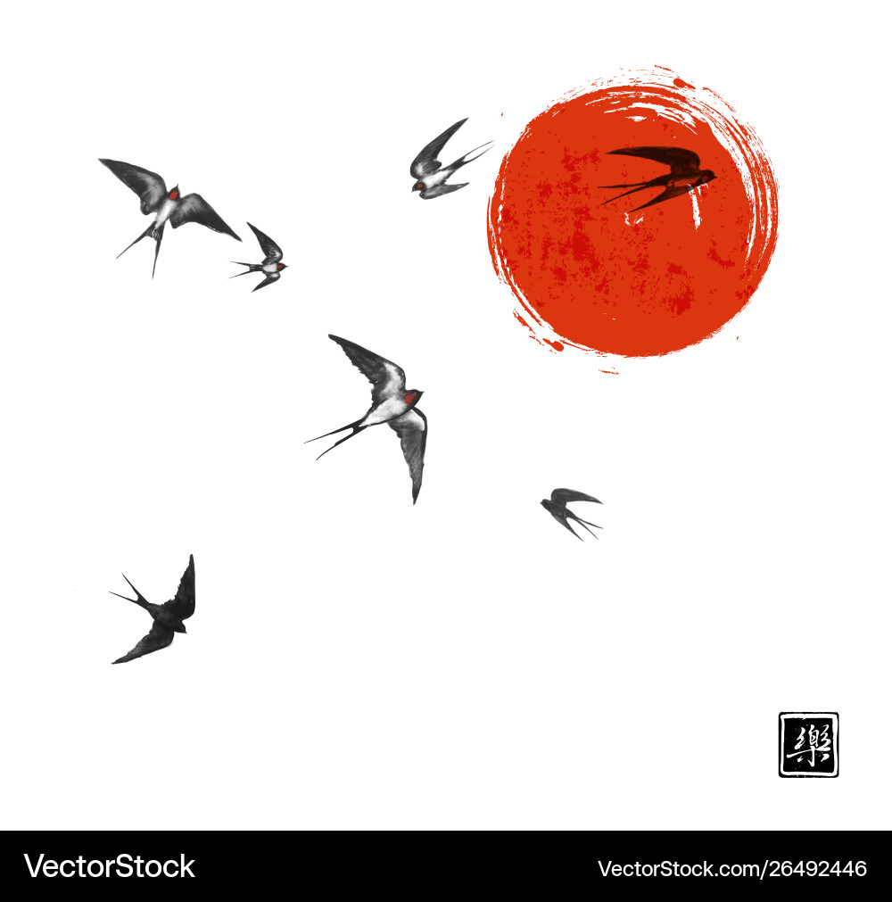 Fliegende Schwalbenvögel und große rote Sonne auf weiß Fliegende Schwalbenvögel und große rote Sonne auf weiß vektorbild