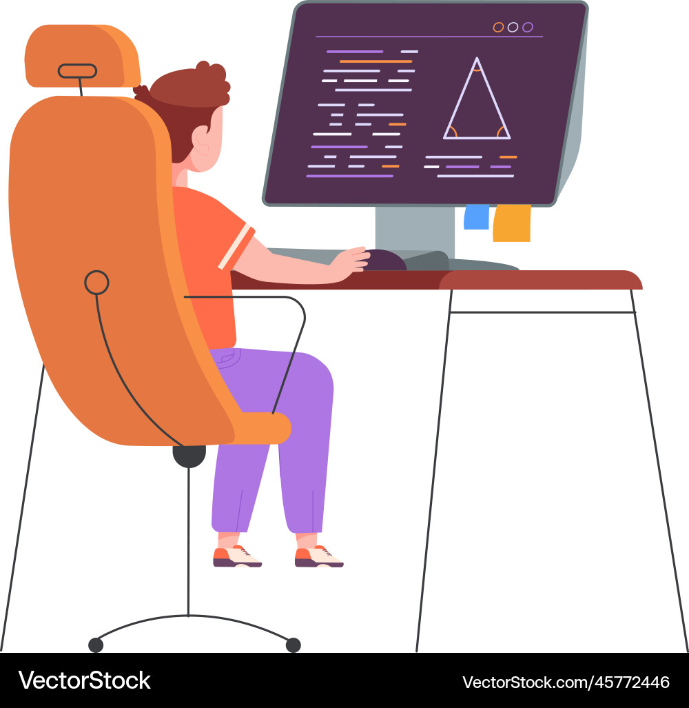 Kid doing math on computer screen geometry lesson Kid doing math on computer screen geometry lesson vector image