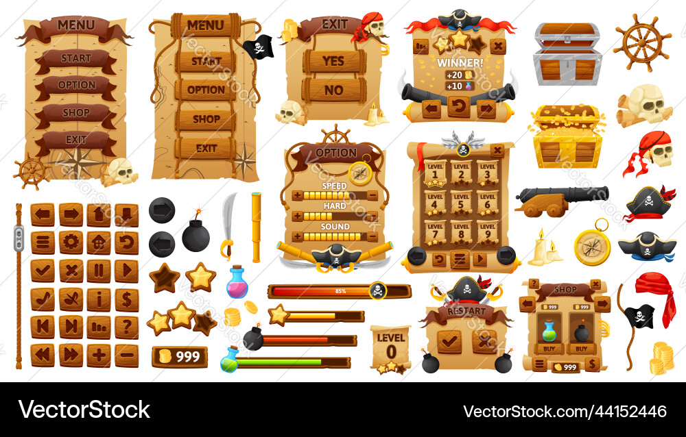 Pirates Game UI Buttons & Elements vector image
