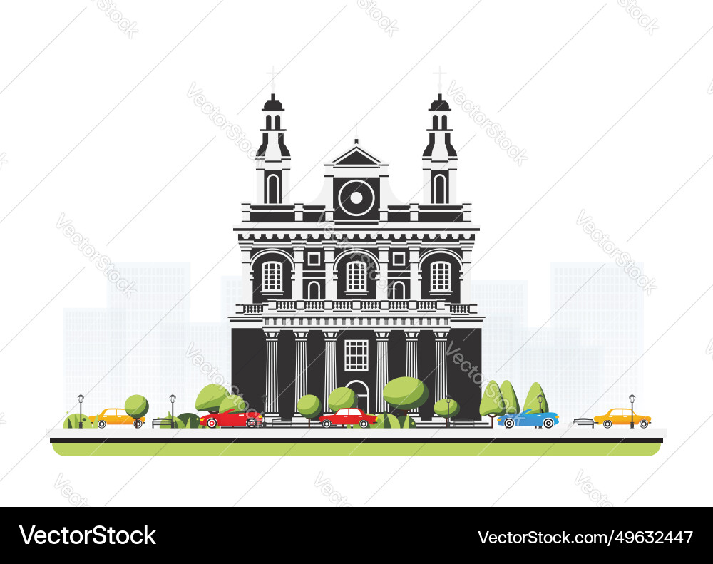 Old cathedral building in flat style with trees vector image
