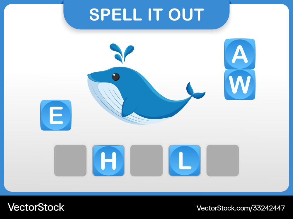 Spelling word and vocabulary worksheet whale Spelling word and vocabulary worksheet whale vector image