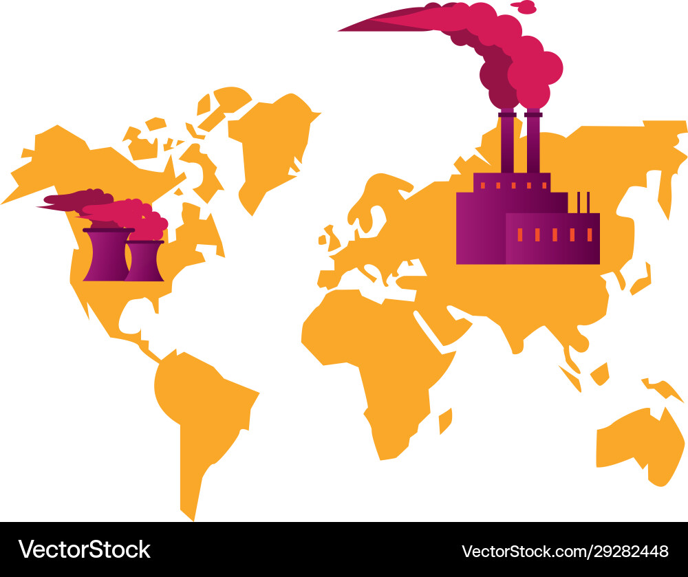 Earth maps with factory and polluting chimneys Earth maps with factory and polluting chimneys vector image