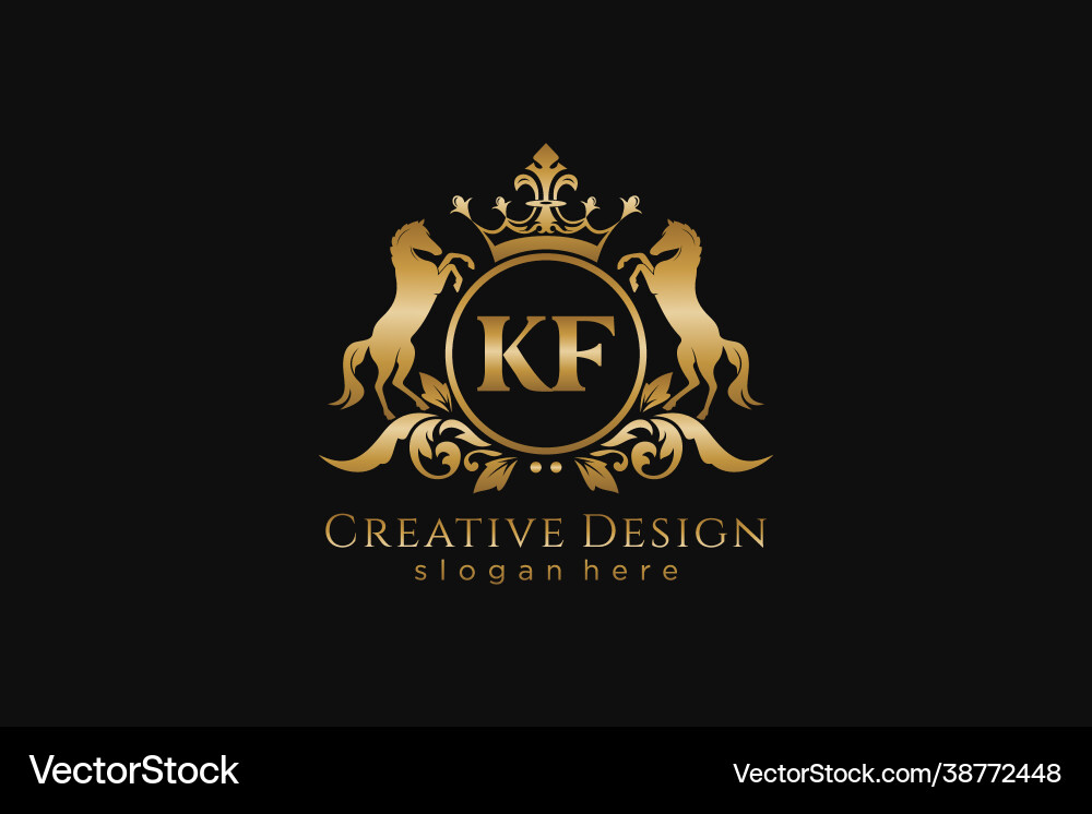 Initial kf retro golden crest with circle and two Initial kf retro golden crest with circle and two Vector Image