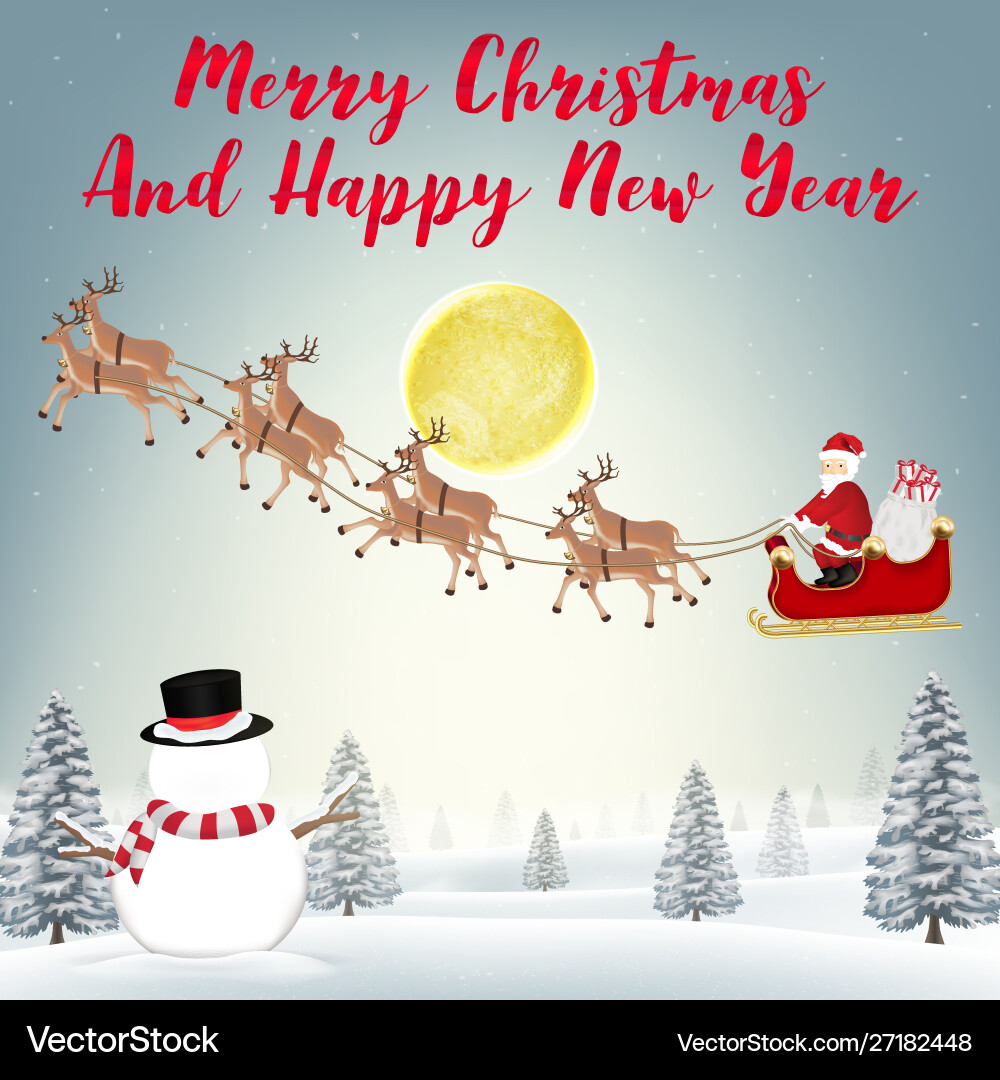 Santa claus reindeer and snowman in winter forest vector image