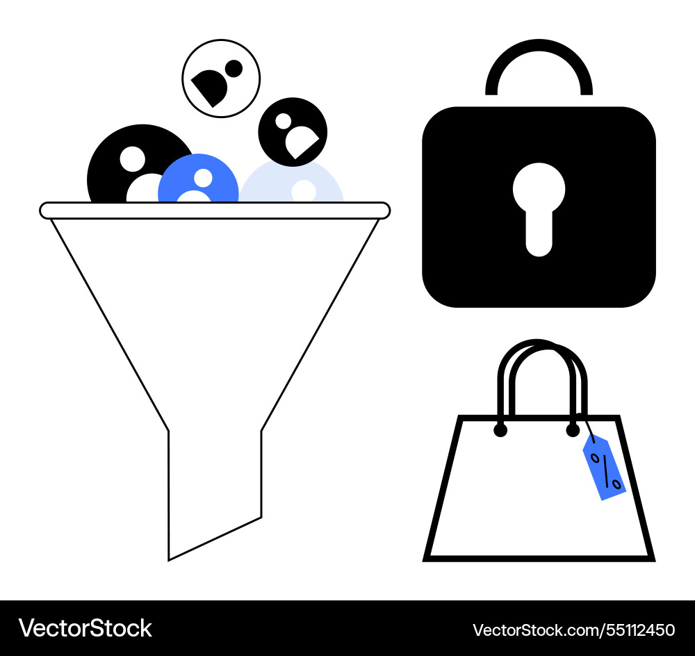 Data funneling process with security and shopping Data funneling process with security and shopping vector image