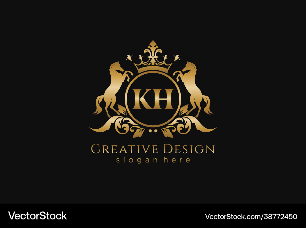 Initial kh retro golden crest with circle and two Initial kh retro golden crest with circle and two vector image