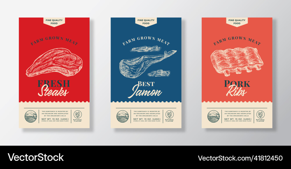 Meat abstract packaging labels design set vector image