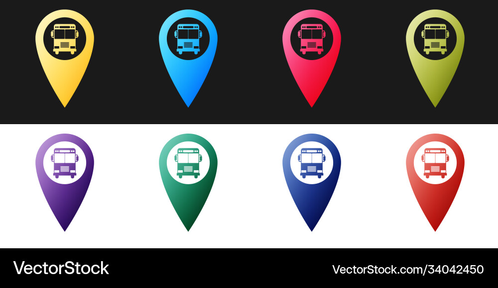 Set map pointer with bus icon isolated on black Set map pointer with bus icon isolated on black vector image