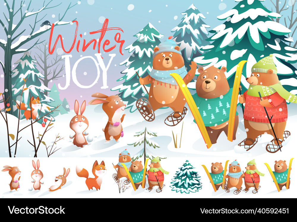 Animals in winter christmas forest play and ski Animals in winter christmas forest play and ski vector image