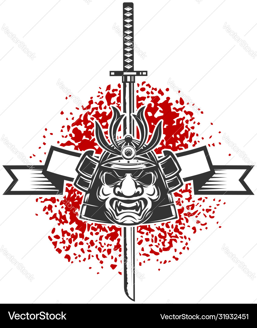 Emblem with samurai helmet and crossed katana Emblem with samurai helmet and crossed katana vector image