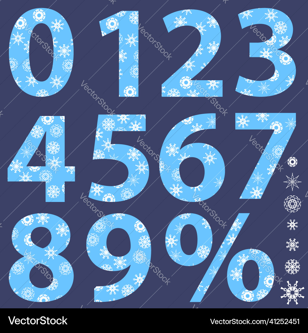 Set of winter snowflake numbers isolated on blue Vector Image
