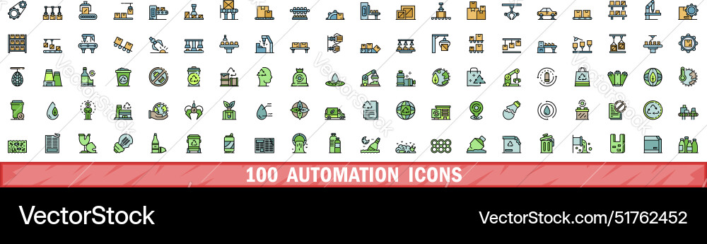 100 automation icons set color line style 100 automation icons set color line style Vector Image
