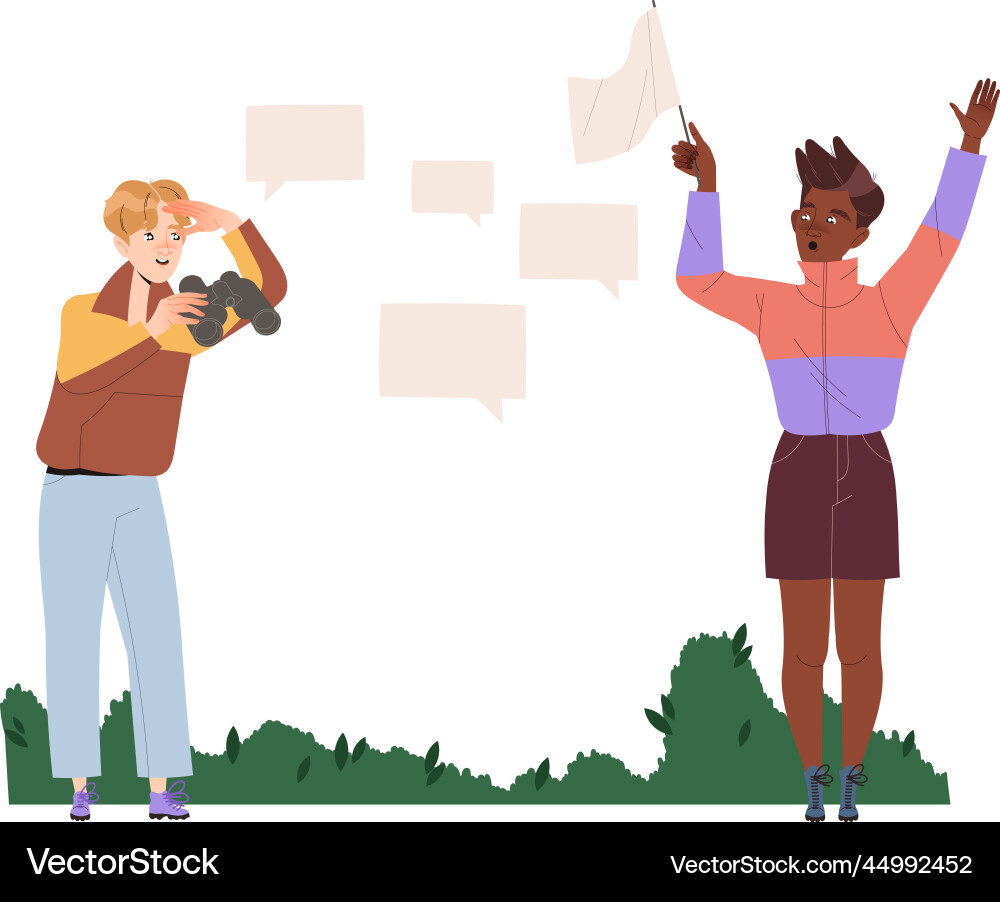 Man characters looking in binoculars and waving Man characters looking in binoculars and waving Vector Image