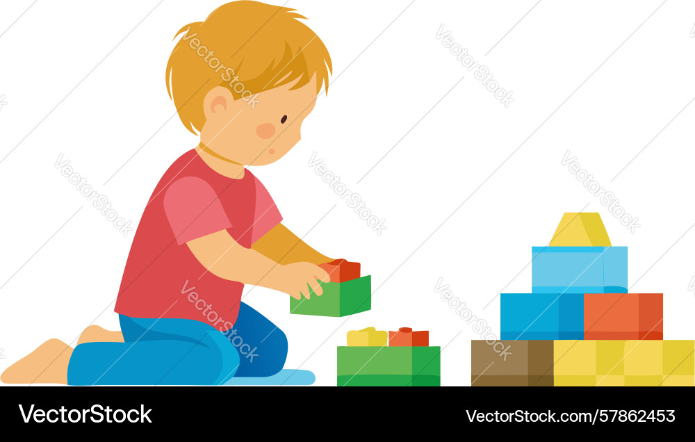 Kid building with colorful blocks fostering Vector Image