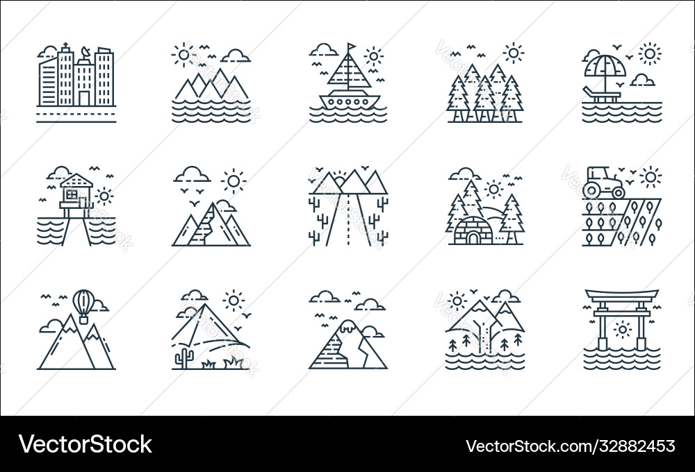 Nature and landscape line icons linear set vector image