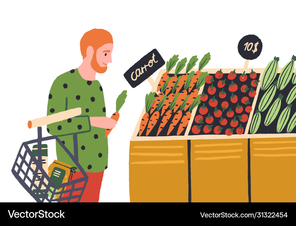 Cartoon Mann wählen Gemüse bei Shop flach Cartoon Mann wählen Gemüse bei Shop flach vektorbild