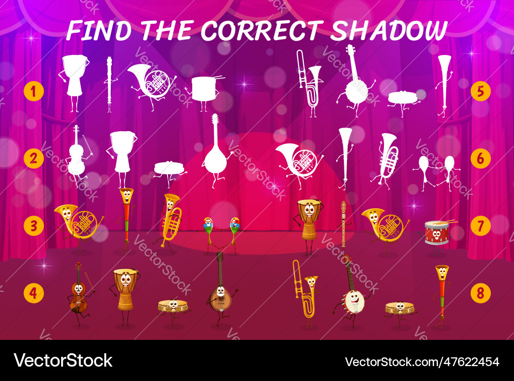 Find correct shadow game with musical instruments Find correct shadow game with musical instruments vector image