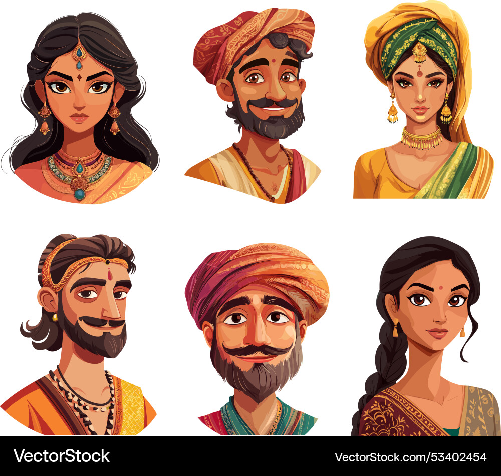 Indian people cartoon portraits male female hindu Indian people cartoon portraits male female hindu vector image