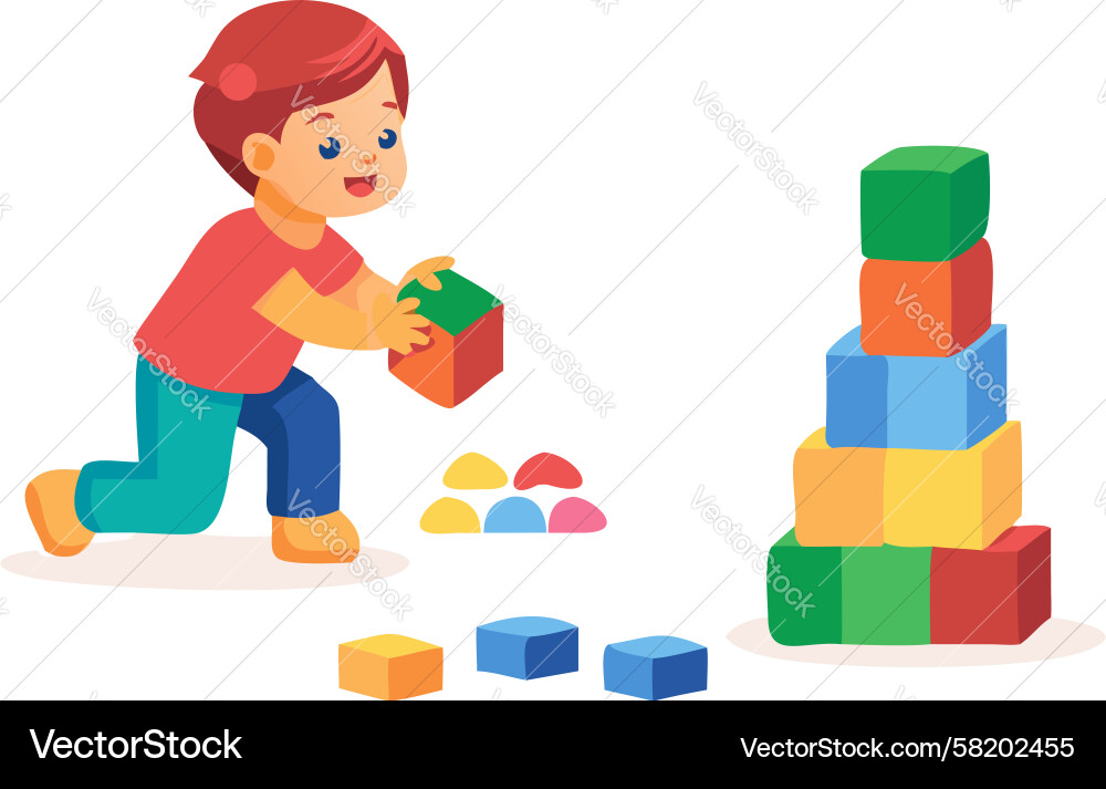 Boy constructing colorful block tower design Vector Image