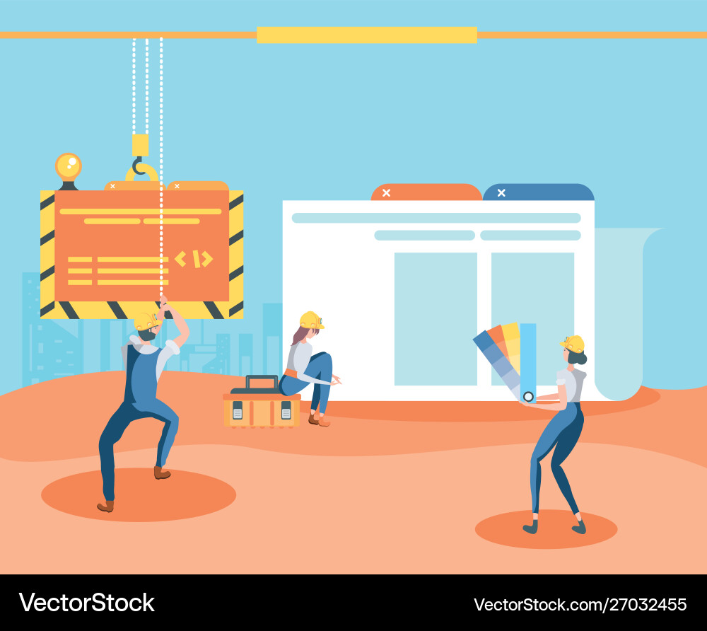 Buiders and data folder with webpage under vector image