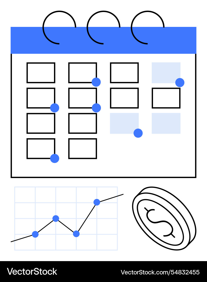 Calendar with marked dates rising line graph Calendar with marked dates rising line graph vector image