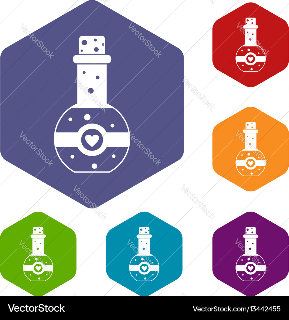 Flask of love elixir icons set Flask of love elixir icons set vector image