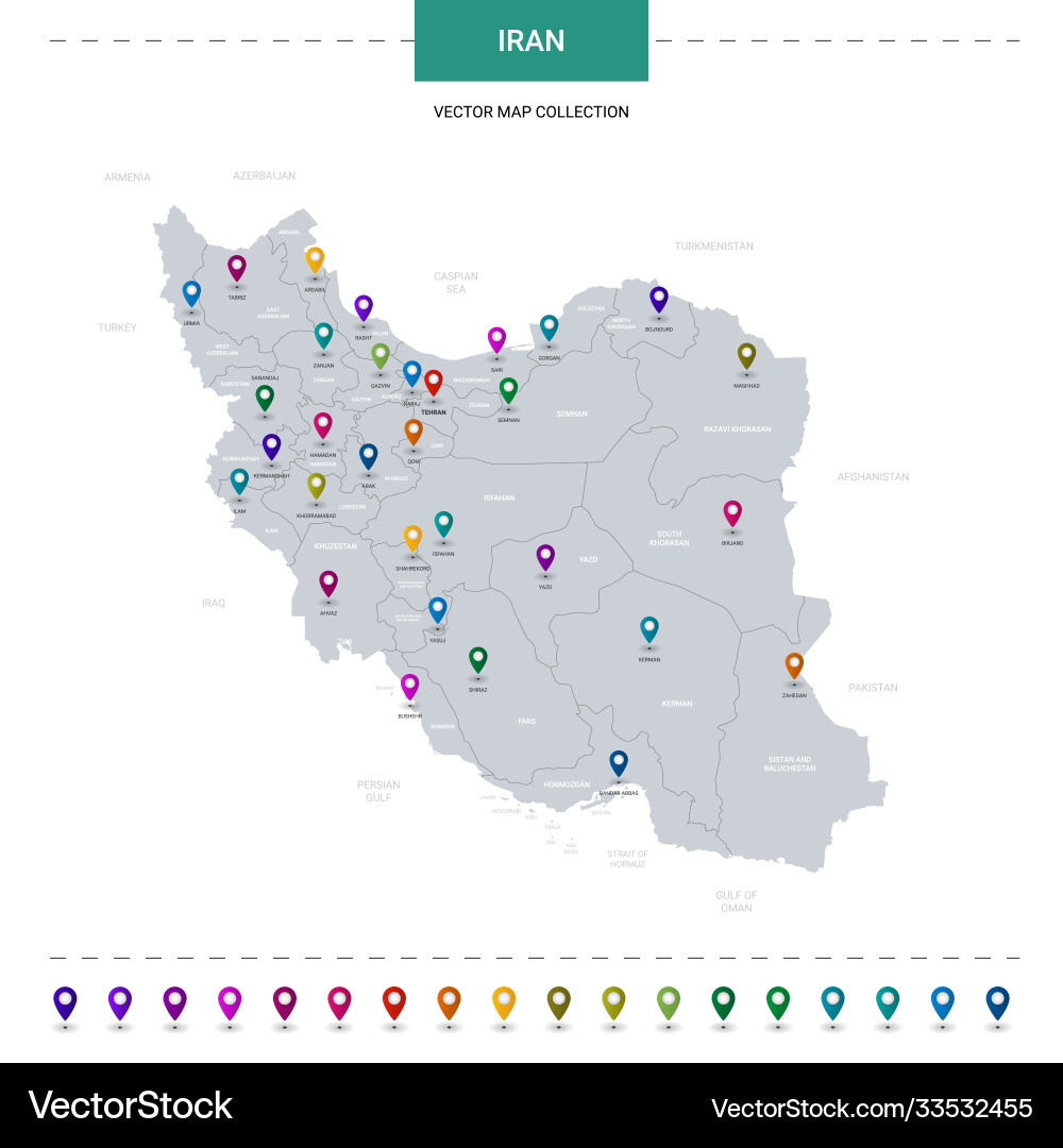 Iran map with location pointer marks infographic Iran map with location pointer marks infographic vector image