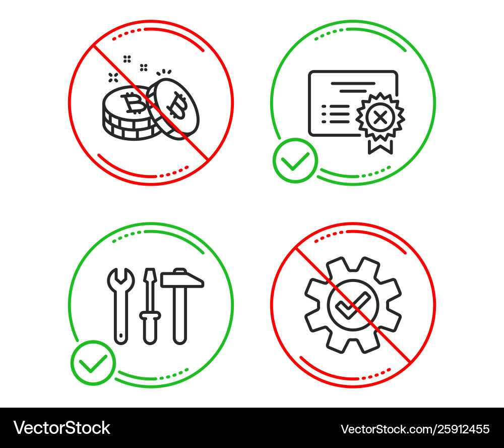 Spanner tool bitcoin and reject certificate icons Spanner tool bitcoin and reject certificate icons vector image