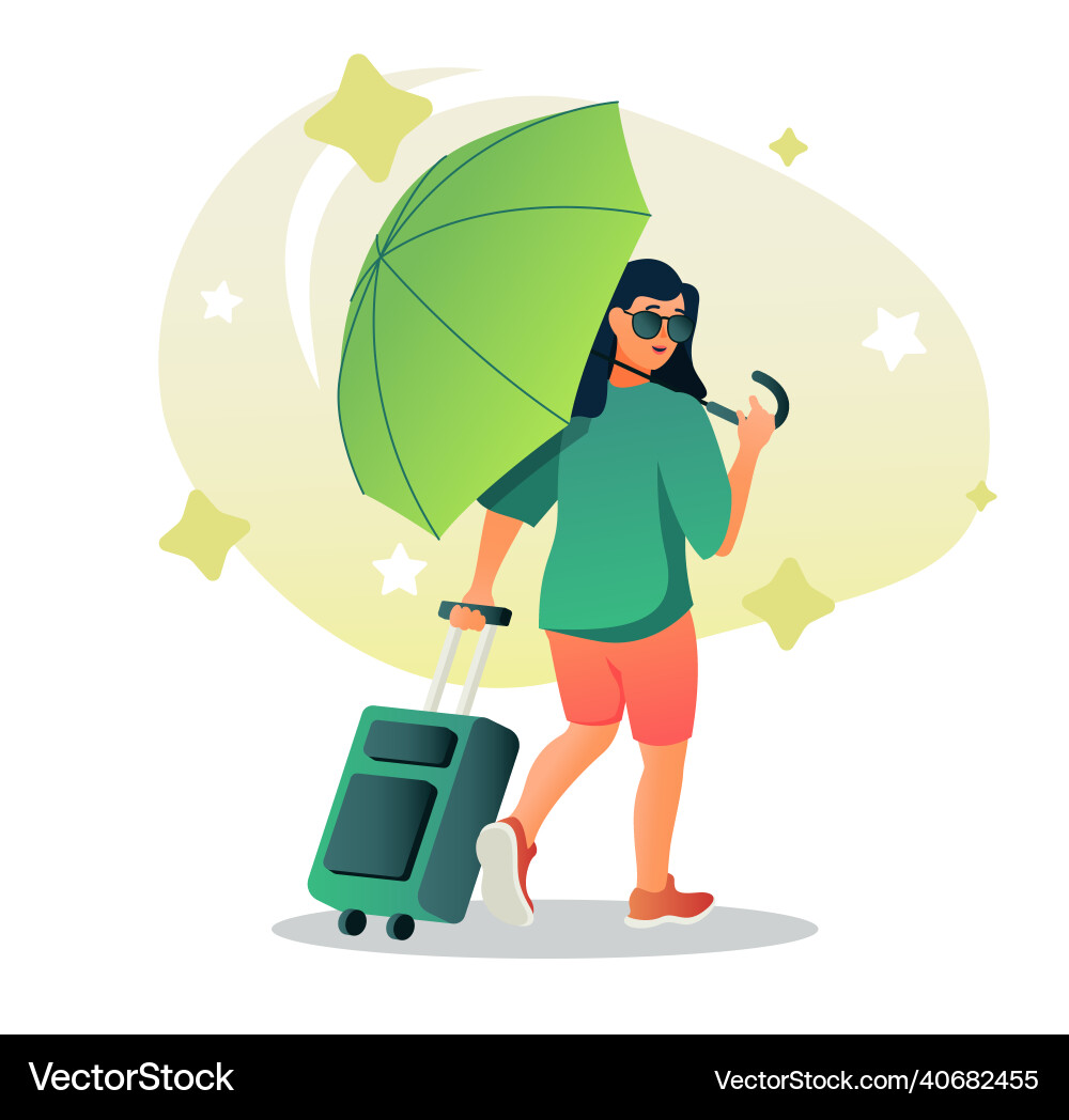 Woman with umbrella and suitcase flat character Woman with umbrella and suitcase flat character vector image