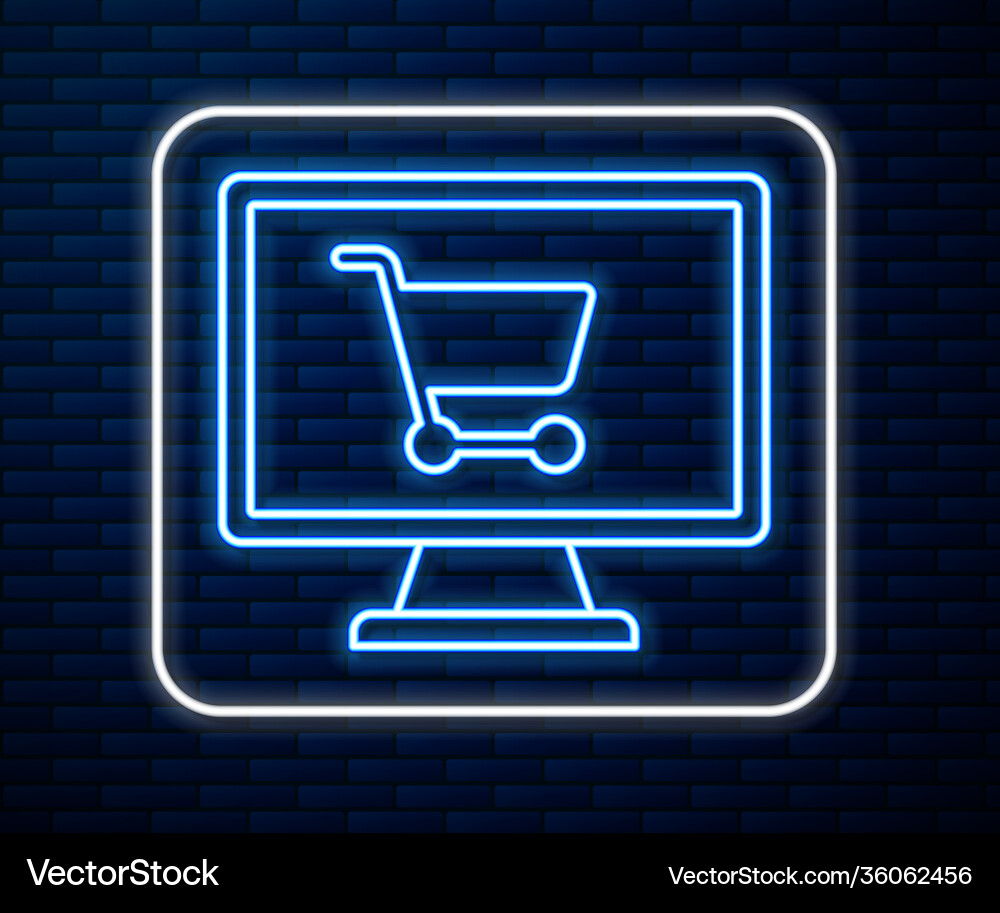 Glowing neon line shopping cart on screen computer vector image