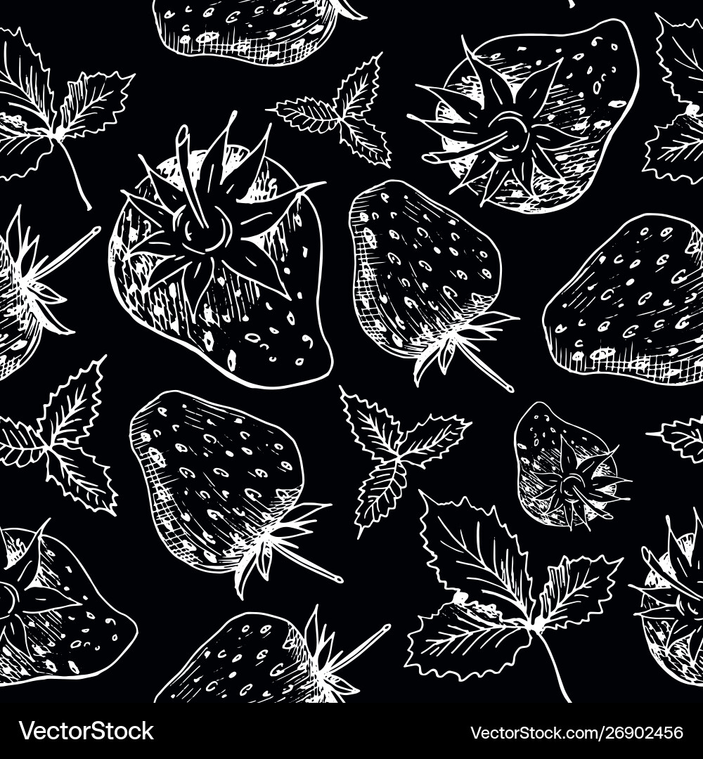 Strawberry dark pattern hand drawn white Strawberry dark pattern hand drawn white vector image