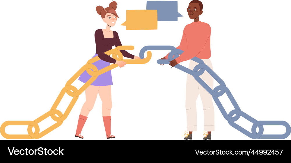 Man and woman characters joining chain part having Man and woman characters joining chain part having Vector Image