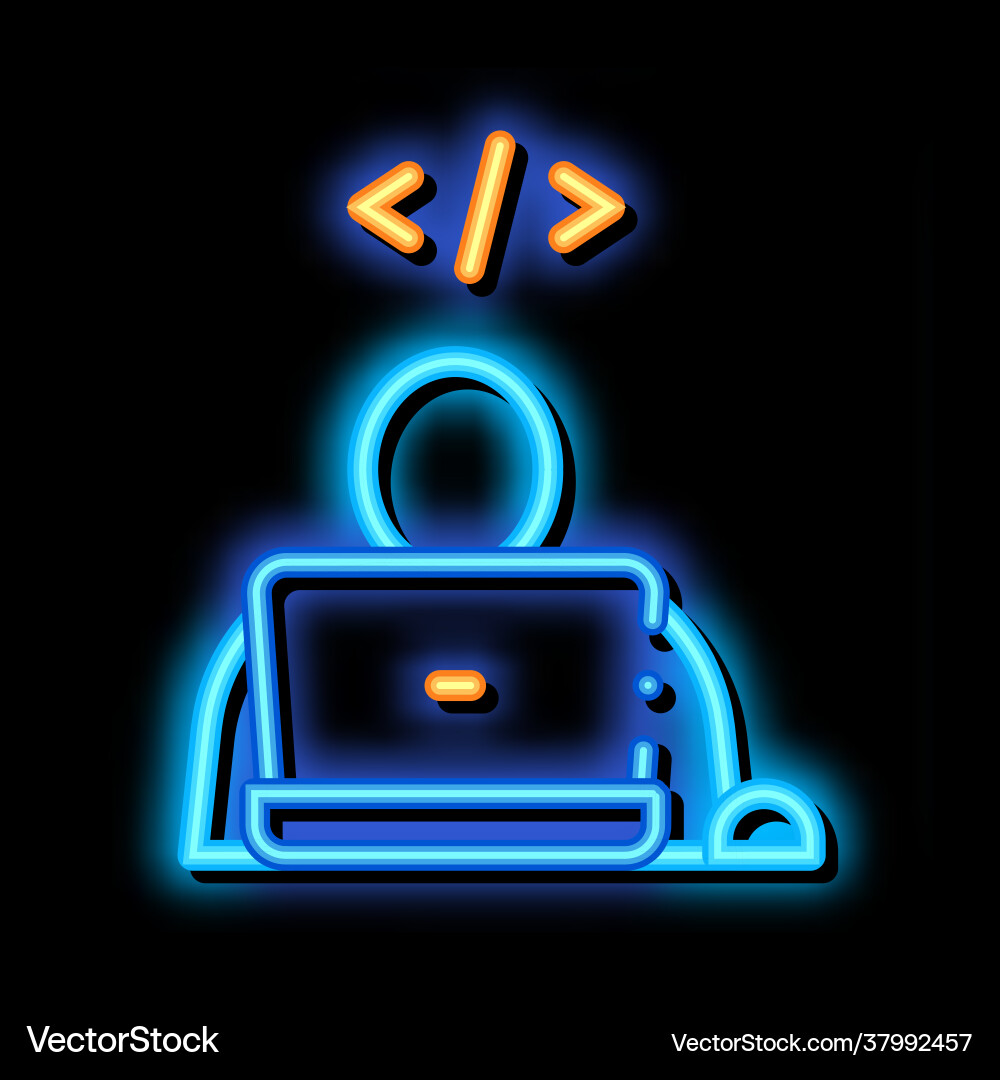 Programmer coding laptop neon glow icon Programmer coding laptop neon glow icon vector image
