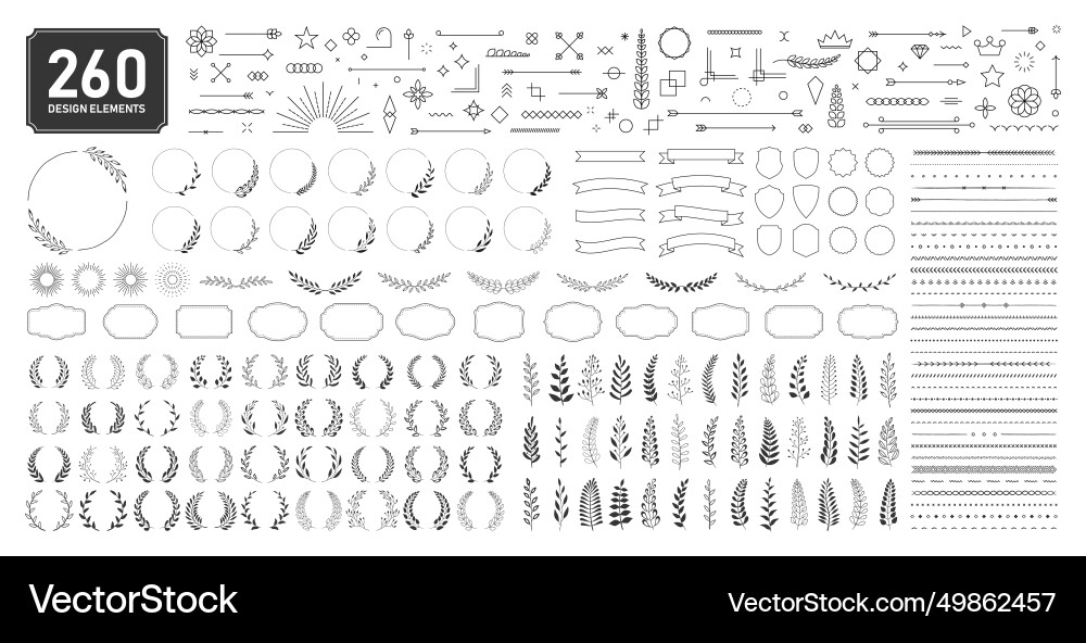Set of 260 design elements wreath frames Set of 260 design elements wreath frames Vector Image
