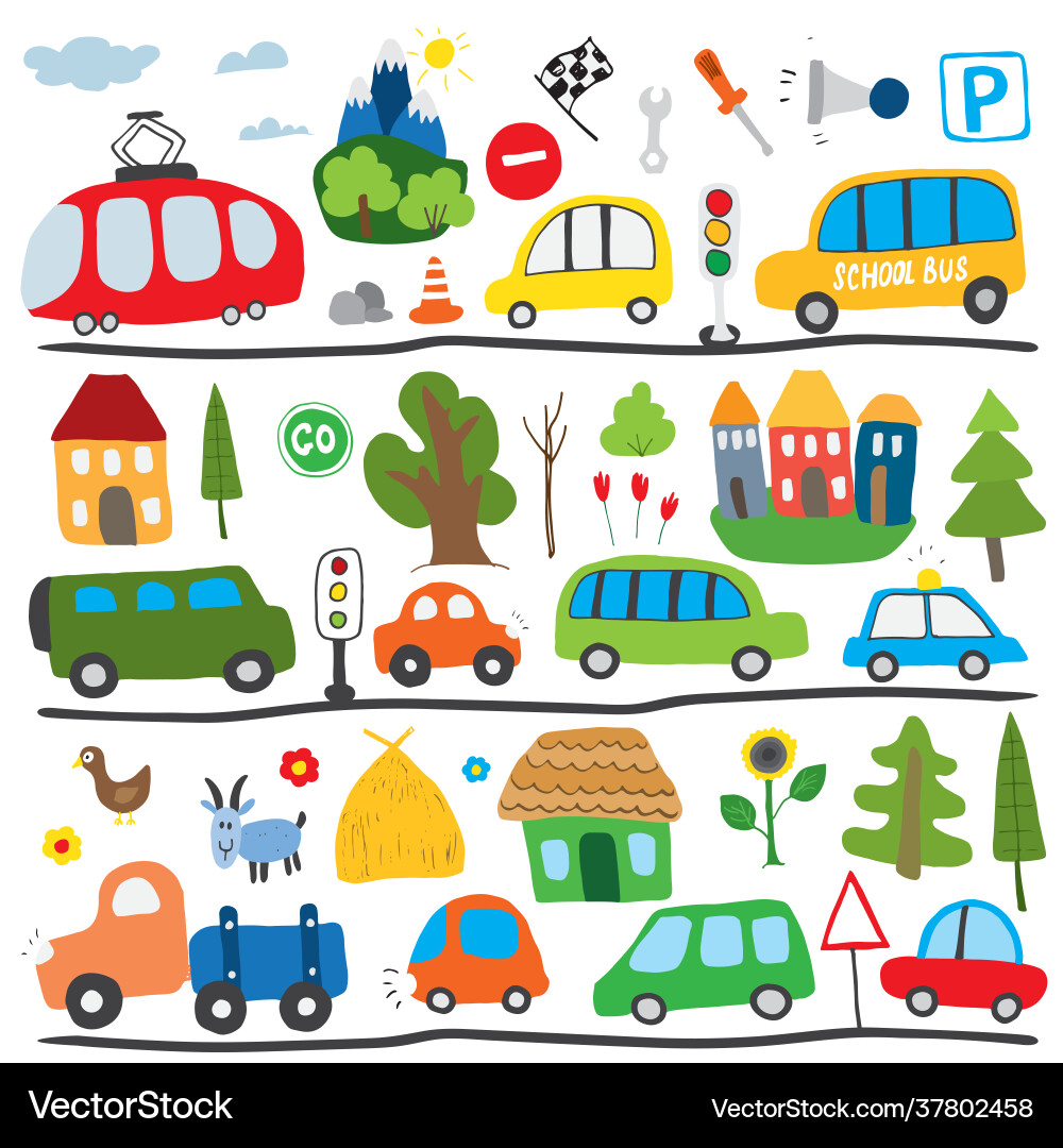 Cute Cartoon Cars & Transport Vector Image
