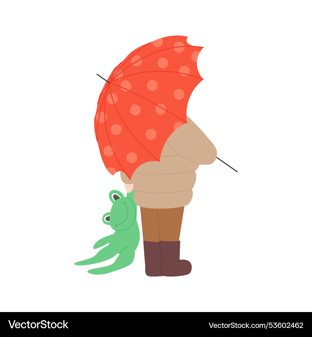 Child in warm clothes holding frog toy and rain Child in warm clothes holding frog toy and rain vector image