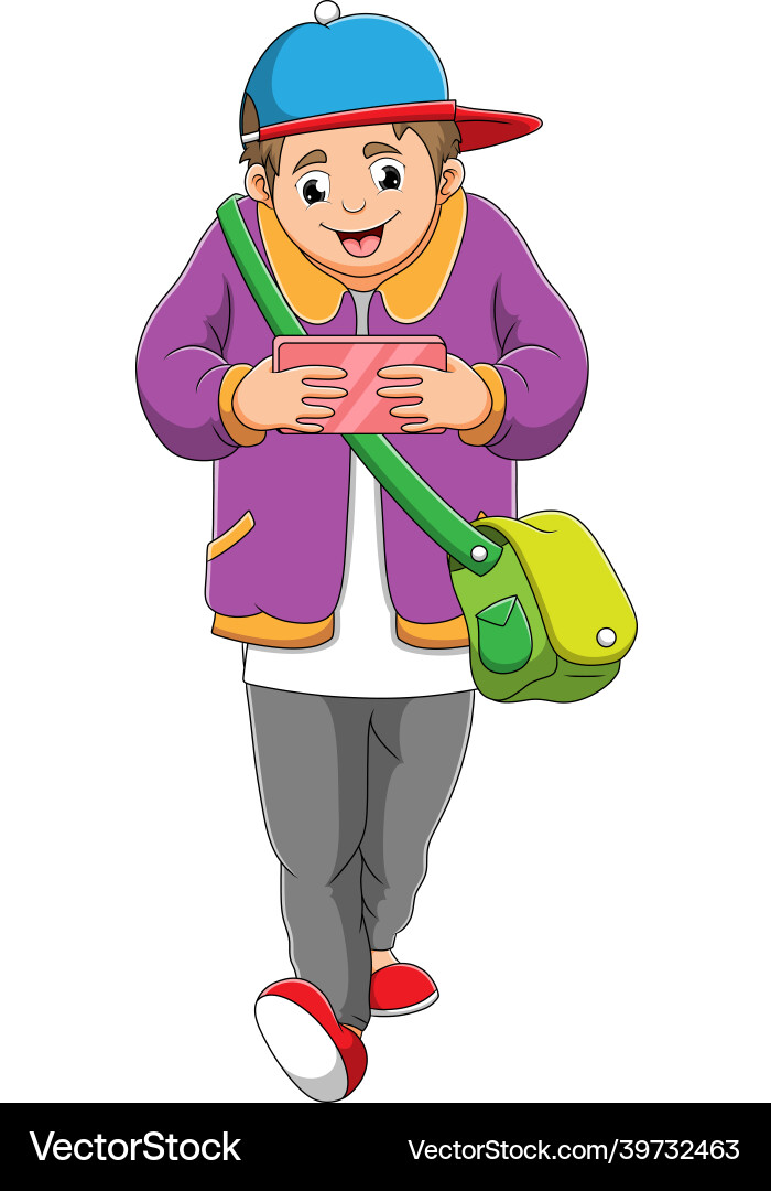 Man is playing mobile phone while he walking Man is playing mobile phone while he walking Vector Image