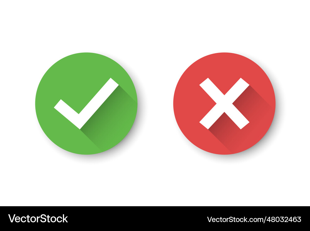 Set of check mark and cross icons with long shadow Set of check mark and cross icons with long shadow vector image