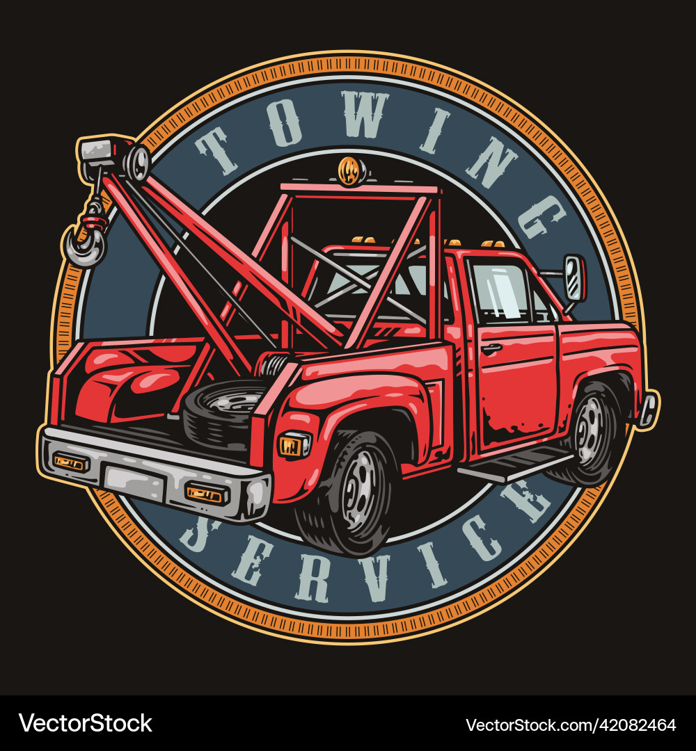 Red tow truck colorful badge Red tow truck colorful badge vector image