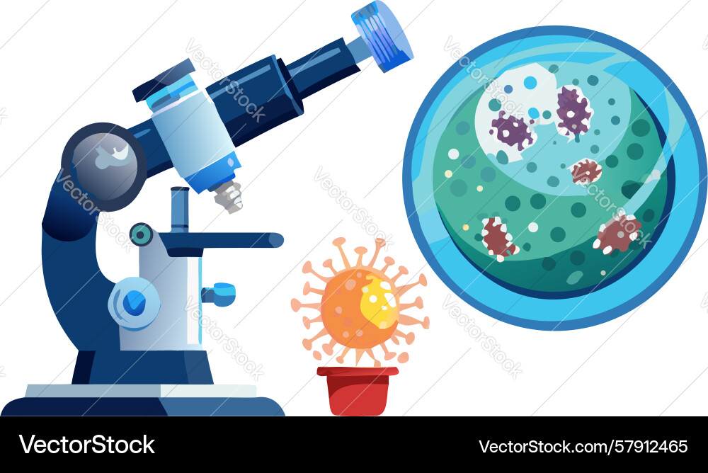 Lab microscope with viral cells and testing Vector Image