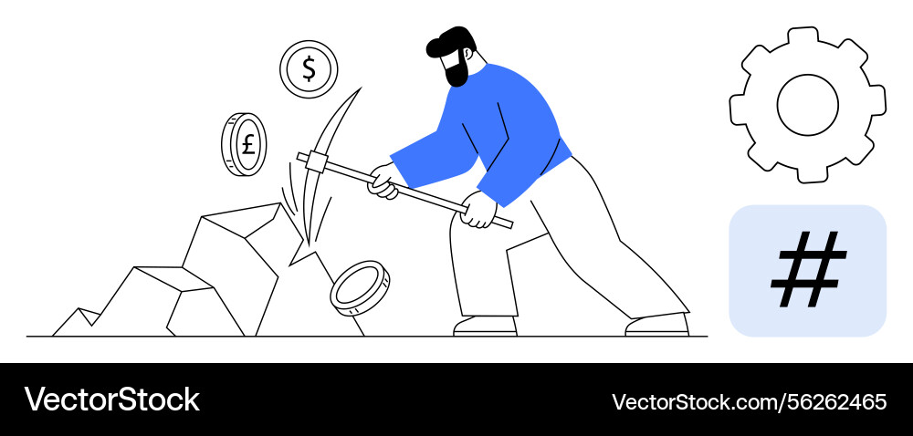 Man mining digital currency with pickaxe beside Man mining digital currency with pickaxe beside vector image