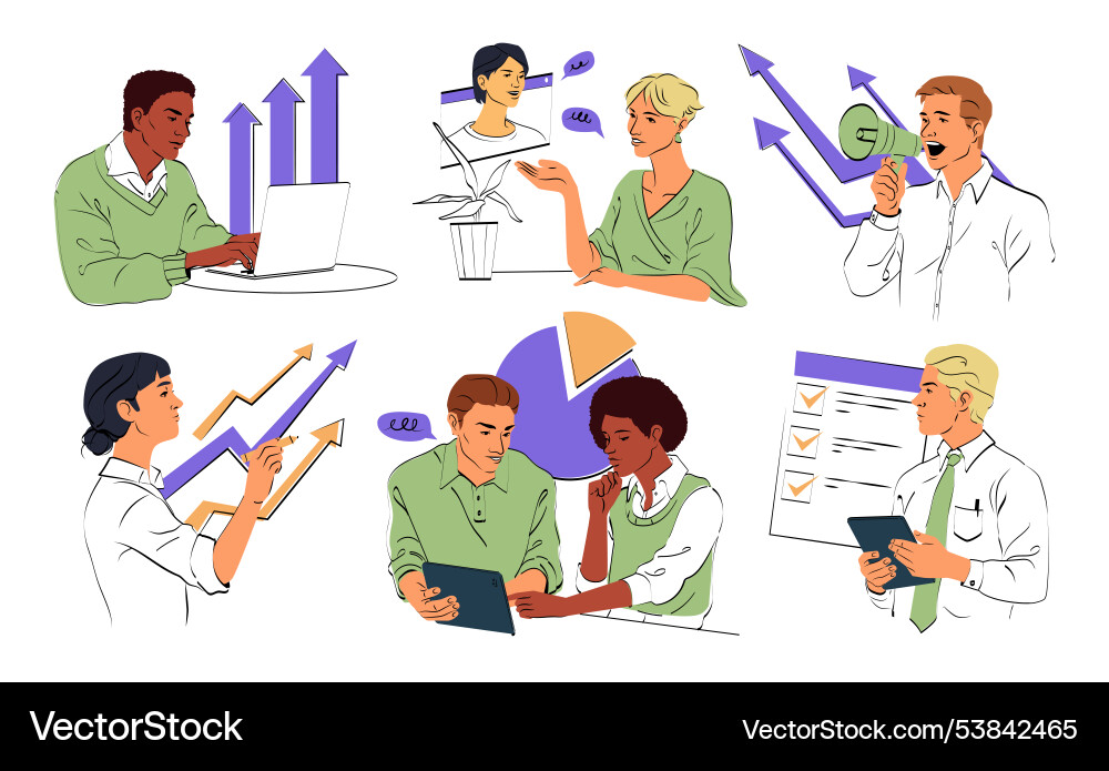 Set of business activity scenes man and woman Set of business activity scenes man and woman vector image