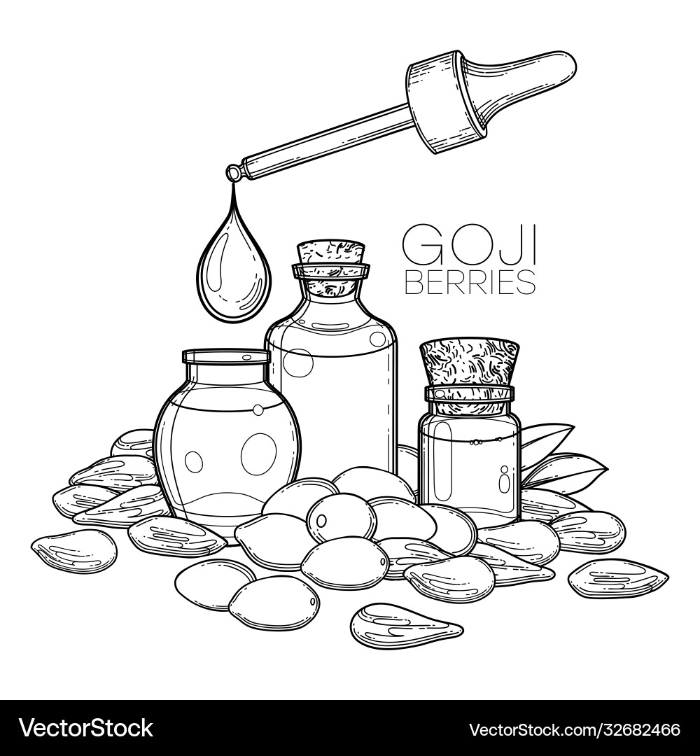Graphic essential oil bottles decorated with goji Graphic essential oil bottles decorated with goji vector image