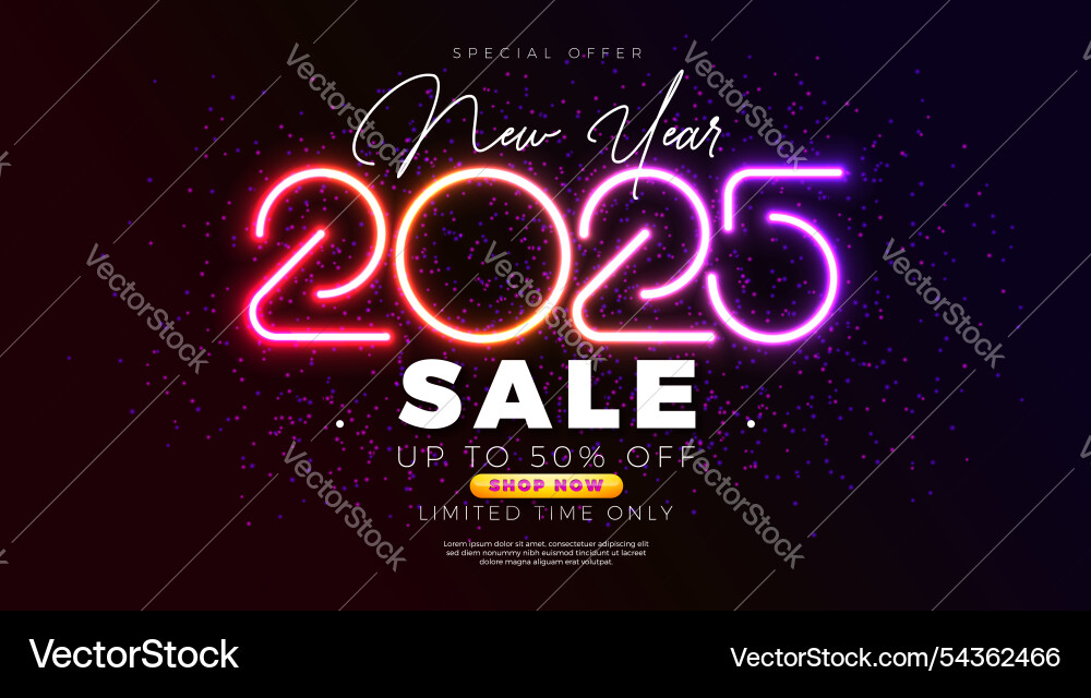 Happy new year sale 2025 design with glowing neon Happy new year sale 2025 design with glowing neon vector image