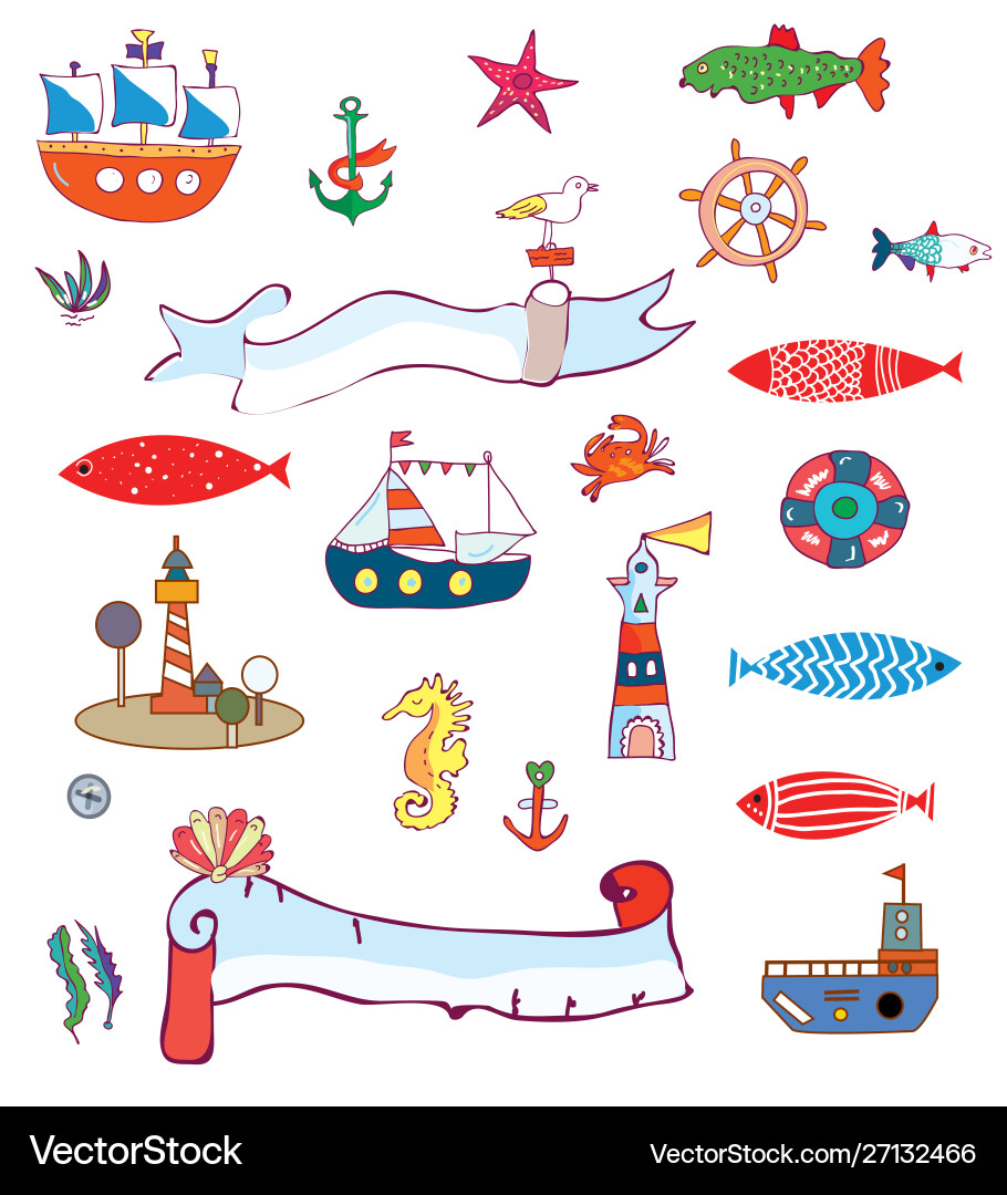 Nautical sea set - doodle objects and elements Nautical sea set - doodle objects and elements vector image
