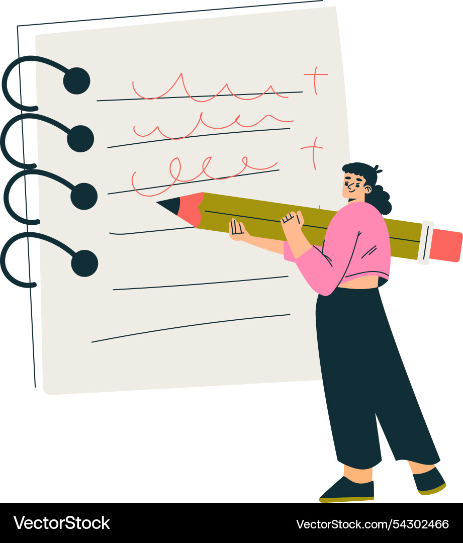 Productive workflow with woman write in notepad Productive workflow with woman write in notepad Vector Image