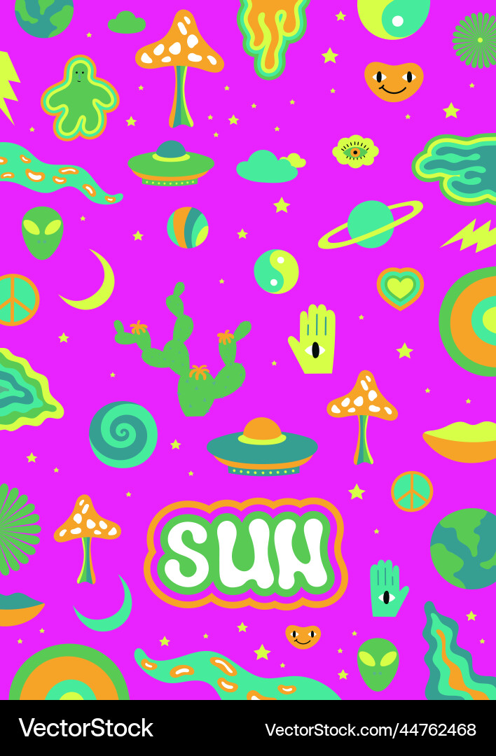 Colorful psychedelic print with retro pattern Colorful psychedelic print with retro pattern Vector Image