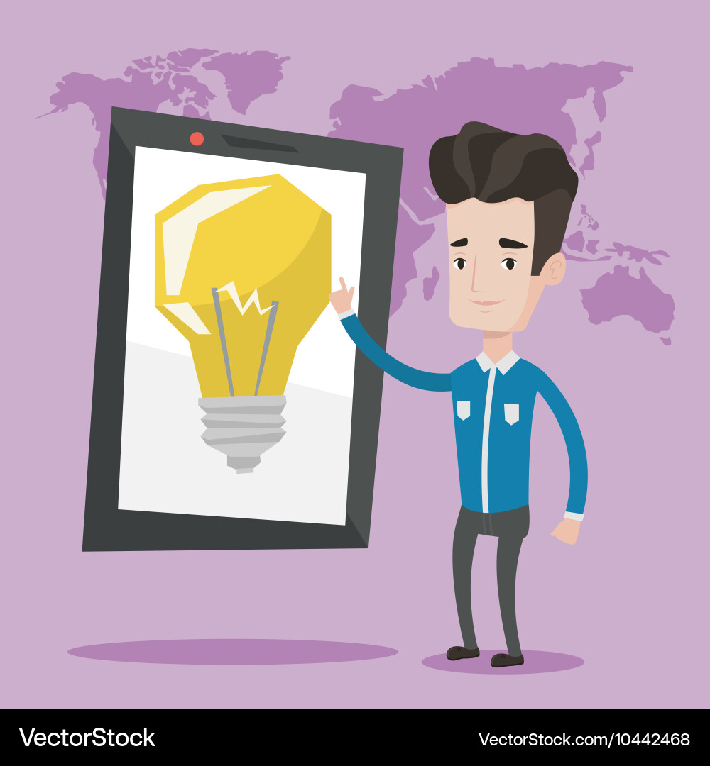 Man pointing at big tablet computer Vector Image