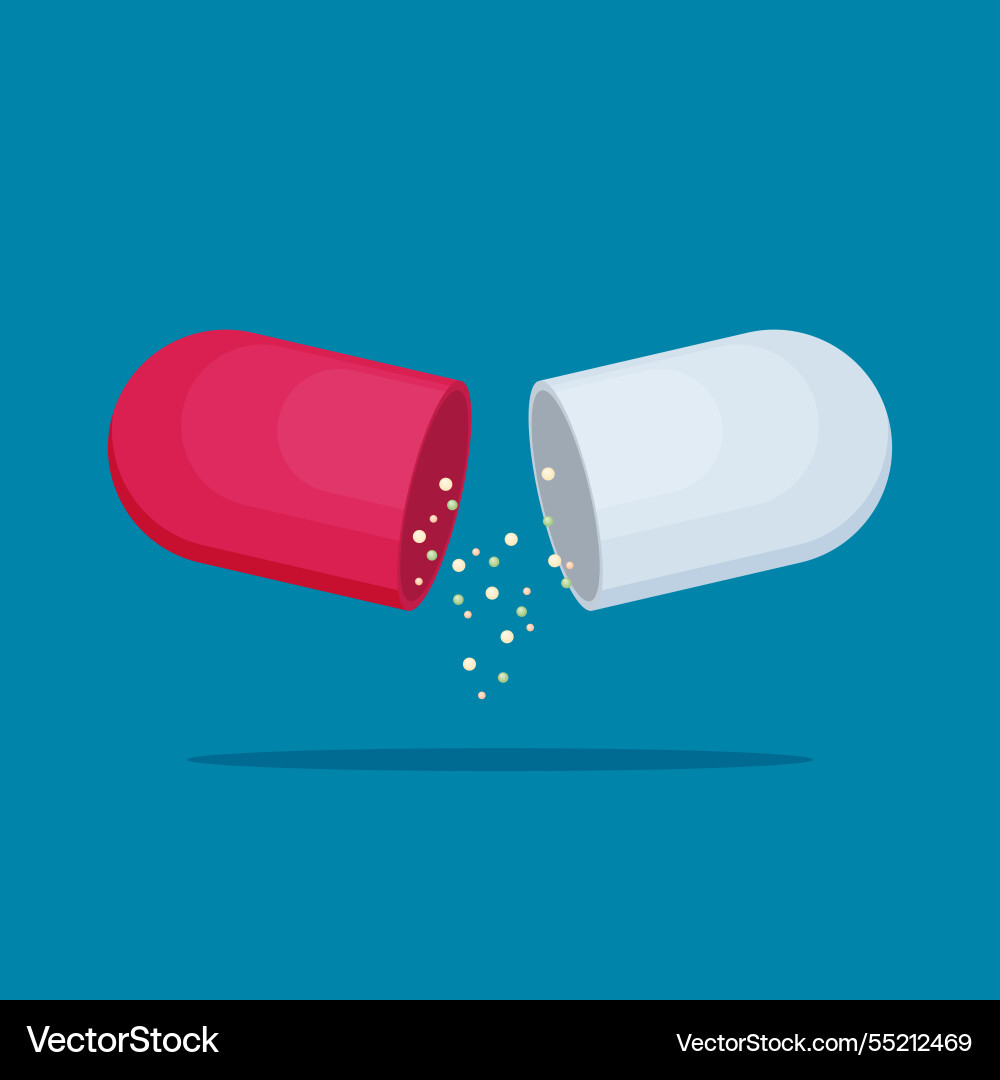 Flat open capsule pill isolated on color Flat open capsule pill isolated on color vector image